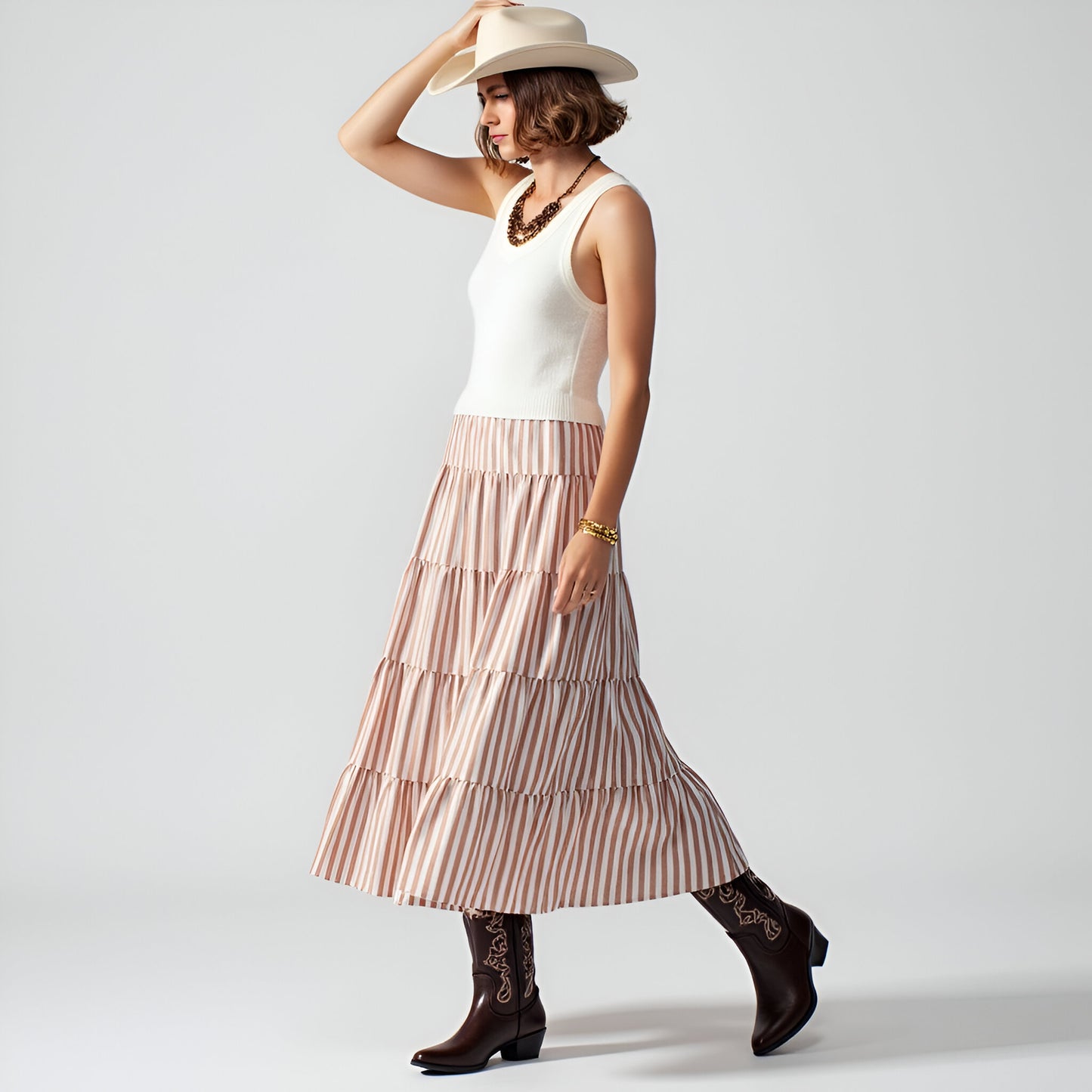 Striped Tiered A-Line Maxi Skirt with Elastic Waist and Soft Drape