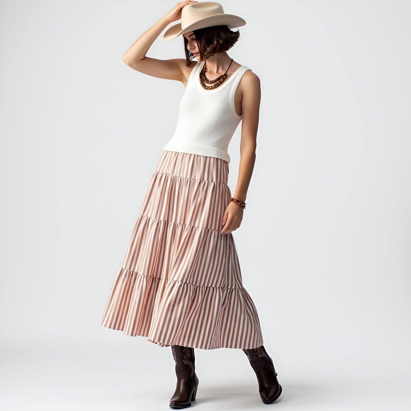 Striped Tiered A-Line Maxi Skirt with Elastic Waist and Soft Drape