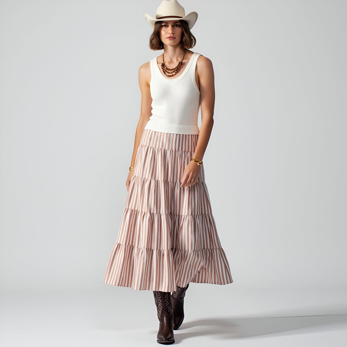 Striped Tiered A-Line Maxi Skirt with Elastic Waist and Soft Drape