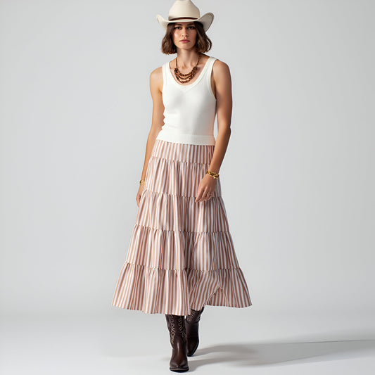 Striped Tiered A-Line Maxi Skirt with Elastic Waist and Soft Drape