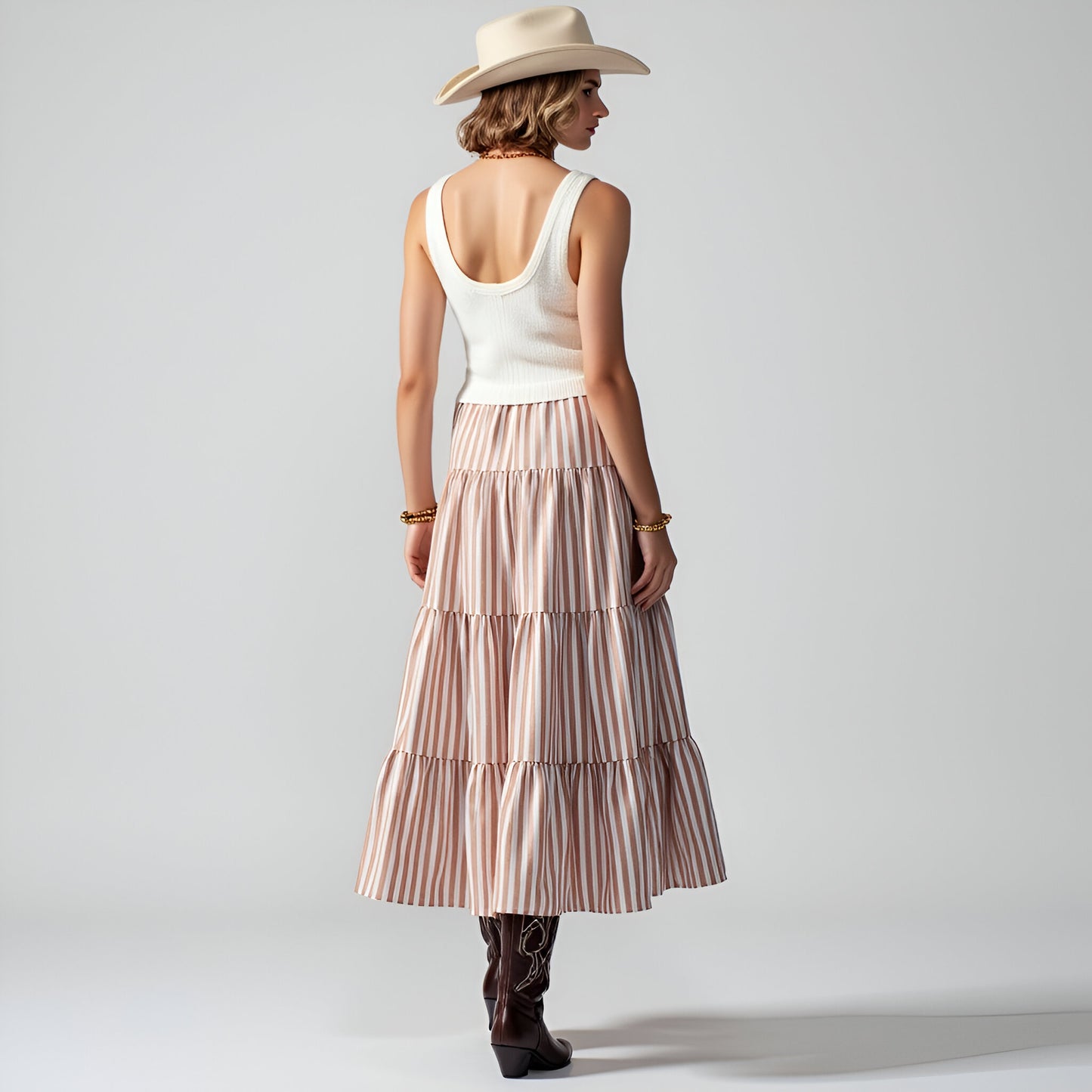 Striped Tiered A-Line Maxi Skirt with Elastic Waist and Soft Drape