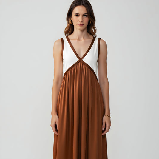 Sleeveless Colorblock Maxi Dress with Empire Waist and V-Neckline