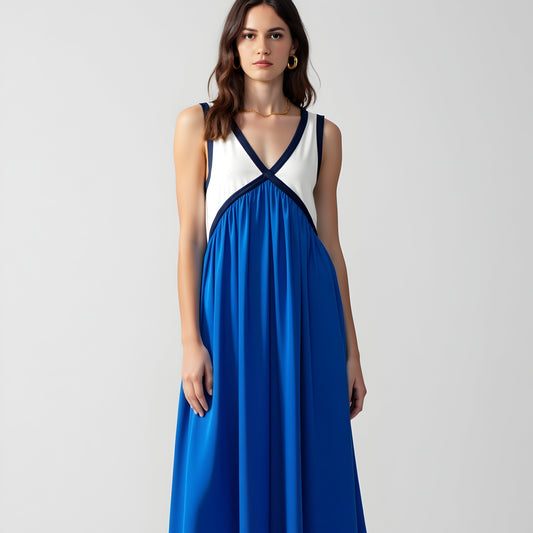 Sleeveless Colorblock Maxi Dress with Empire Waist and V-Neckline