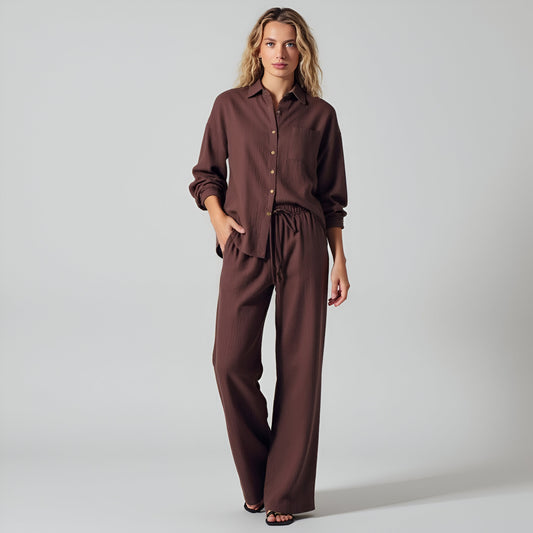 Textured Button-Up Shirt and Wide-Leg Drawstring Pants Set with Pockets