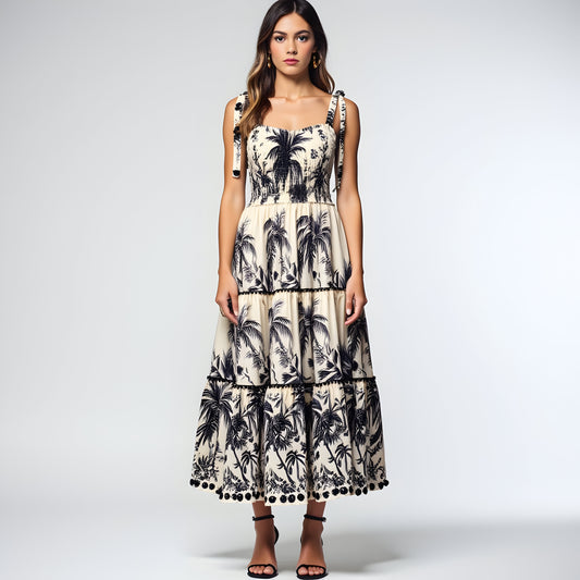 Tropical Print Tiered Midi Dress with Pom Trim and Smocked Bodice