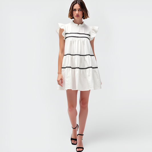 Ruffle Sleeve Tiered Mini Dress with Contrast Trim and High Neckline