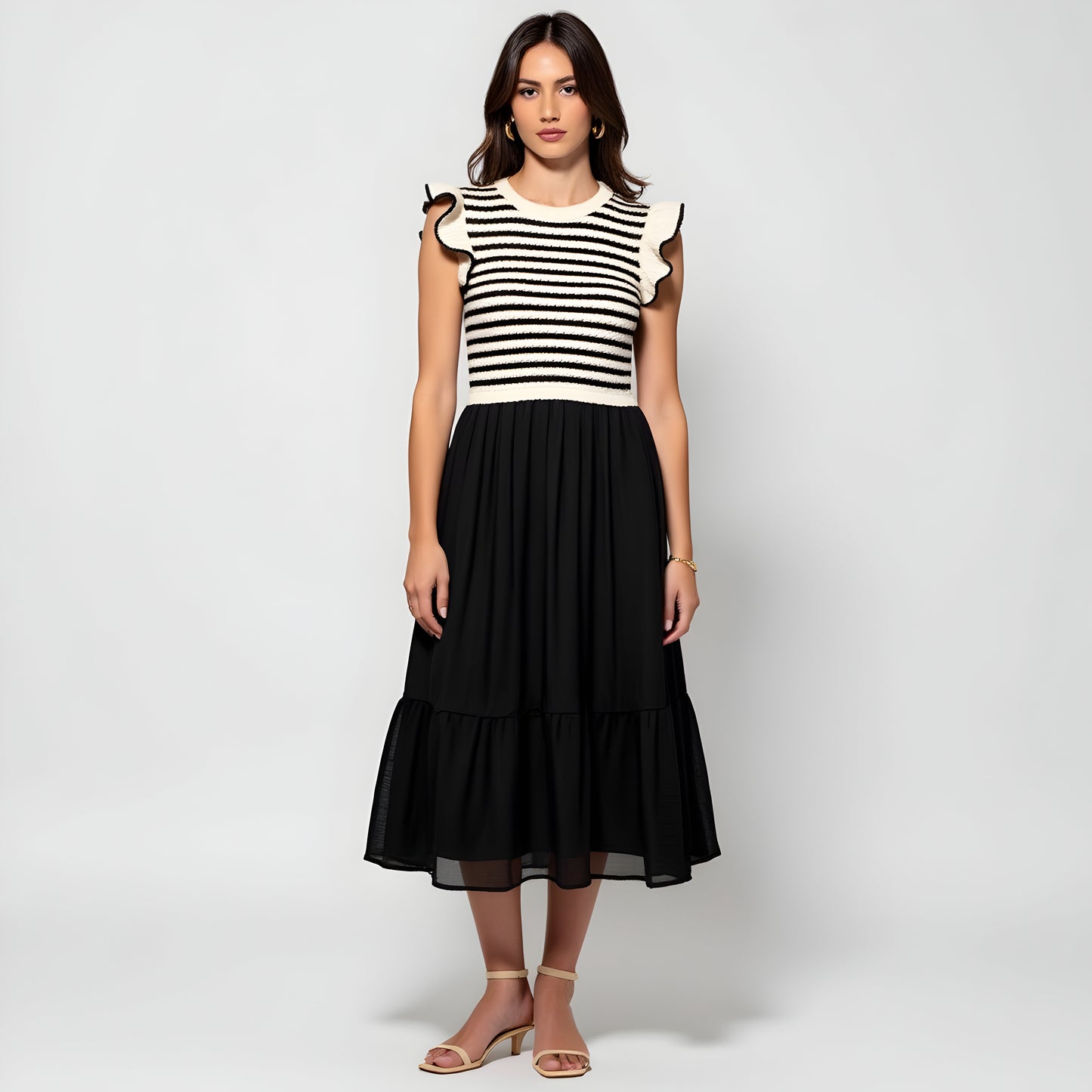 Striped Knit Bodice Dress with Ruffle Sleeves and Tiered Skirt