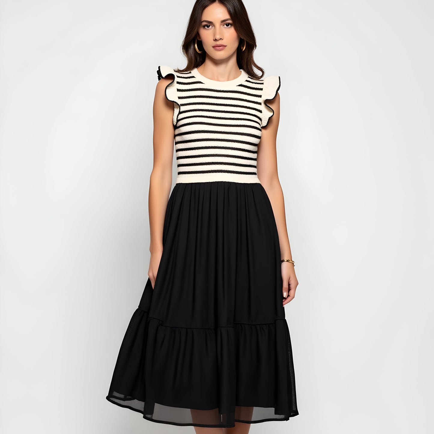 Striped Knit Bodice Dress with Ruffle Sleeves and Tiered Skirt
