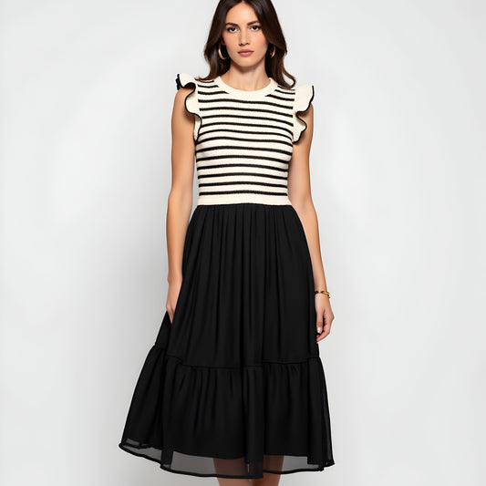 Striped Knit Bodice Dress with Ruffle Sleeves and Tiered Skirt
