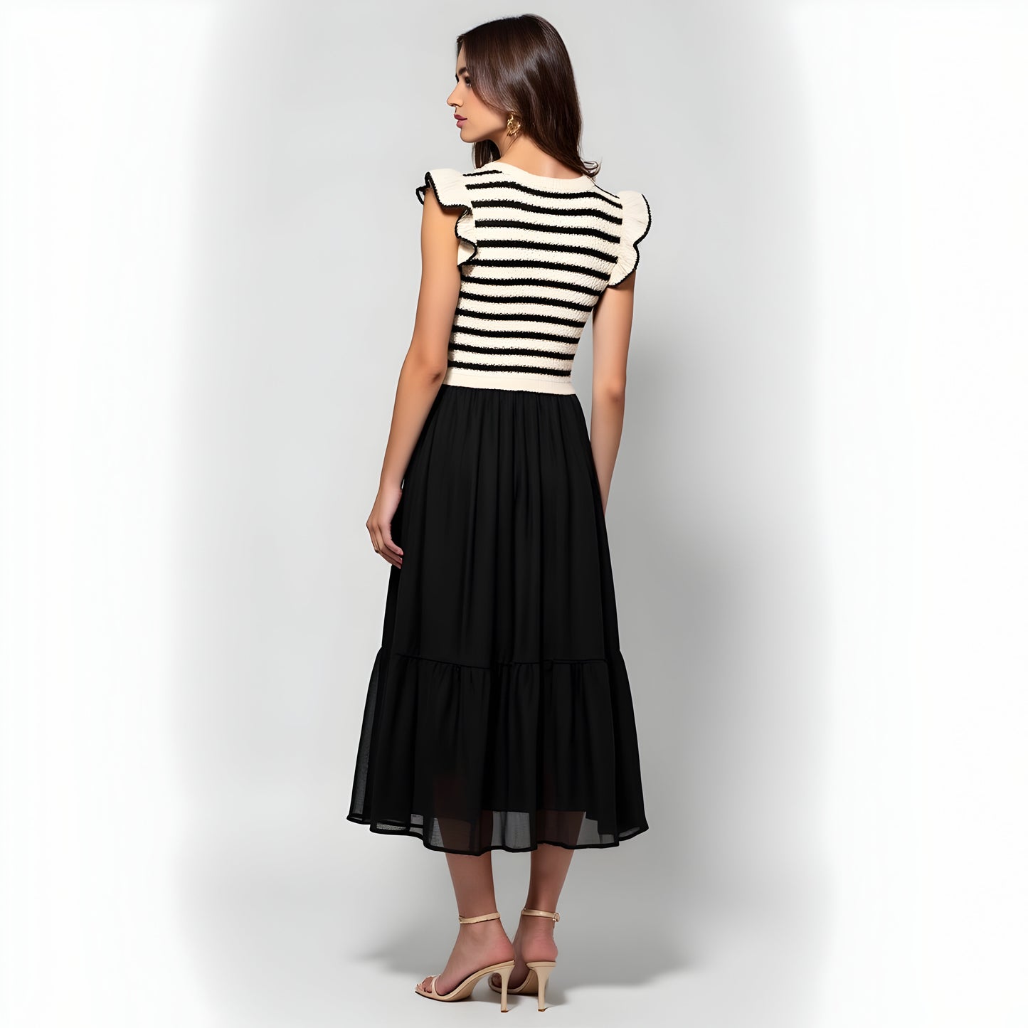 Striped Knit Bodice Dress with Ruffle Sleeves and Tiered Skirt