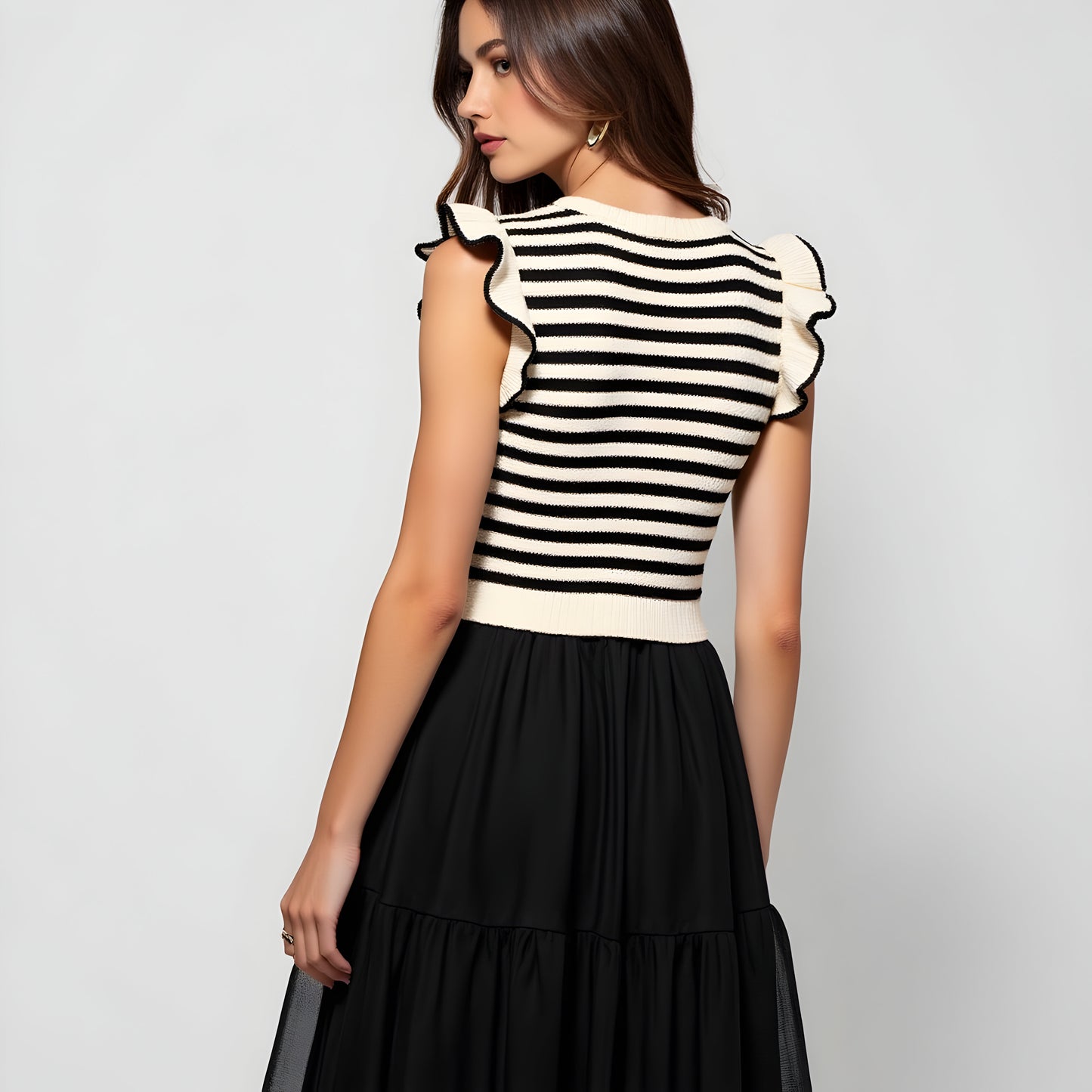 Striped Knit Bodice Dress with Ruffle Sleeves and Tiered Skirt
