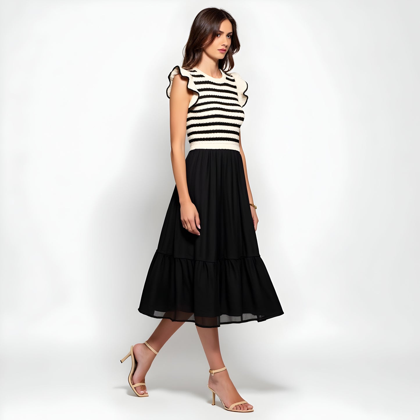 Striped Knit Bodice Dress with Ruffle Sleeves and Tiered Skirt