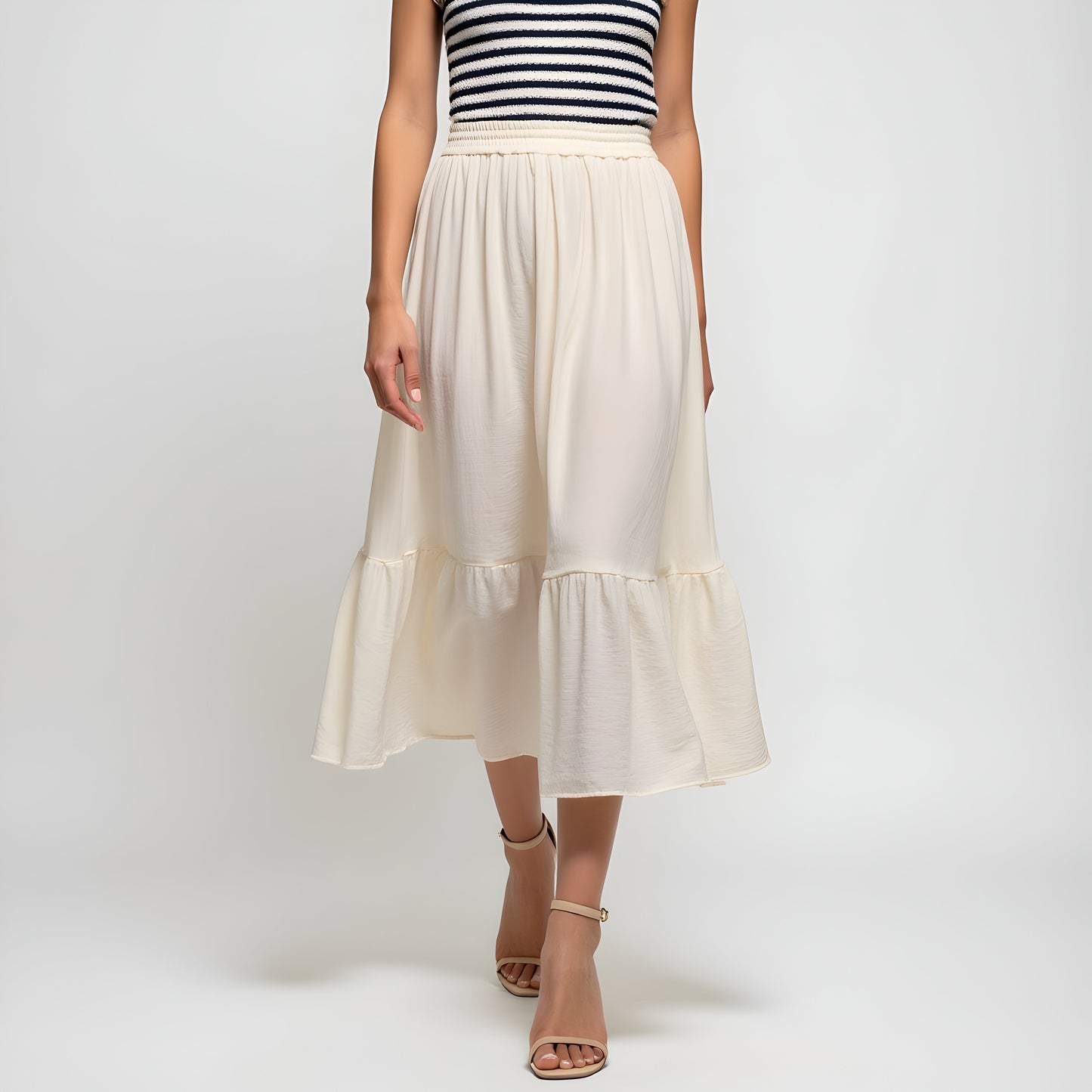 Striped Knit Bodice Dress with Ruffle Sleeves and Tiered Skirt