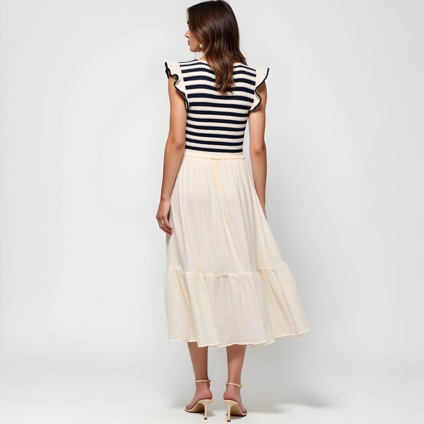 Striped Knit Bodice Dress with Ruffle Sleeves and Tiered Skirt