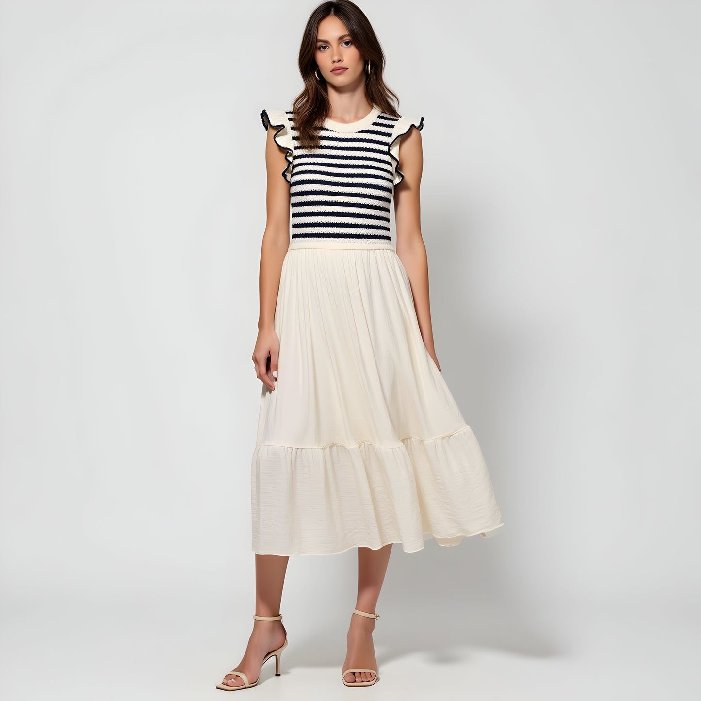 Striped Knit Bodice Dress with Ruffle Sleeves and Tiered Skirt