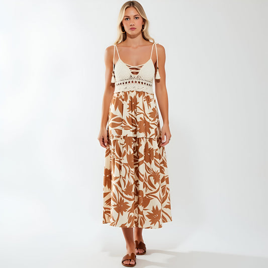 Tropical Print Midi Dress with Crochet Bodice and Tie Shoulder Straps