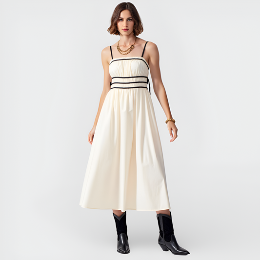 Smocked Waist Midi Dress with Contrast Trim and Spaghetti Straps