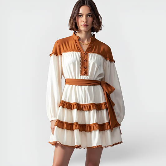 Contrast Trim Mini Dress with Button Front, Waist Tie and Tiered Skirt