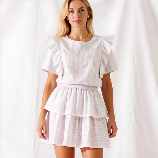 Textured Ruffle Sleeve Mini Dress with Tiered Hem and Subtle Stripe Pattern