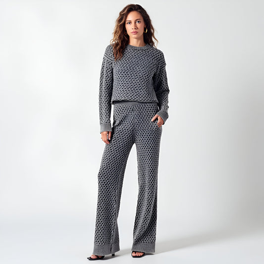 Textured Knit Sweater Set with Crewneck Pullover and Wide-Leg Pants