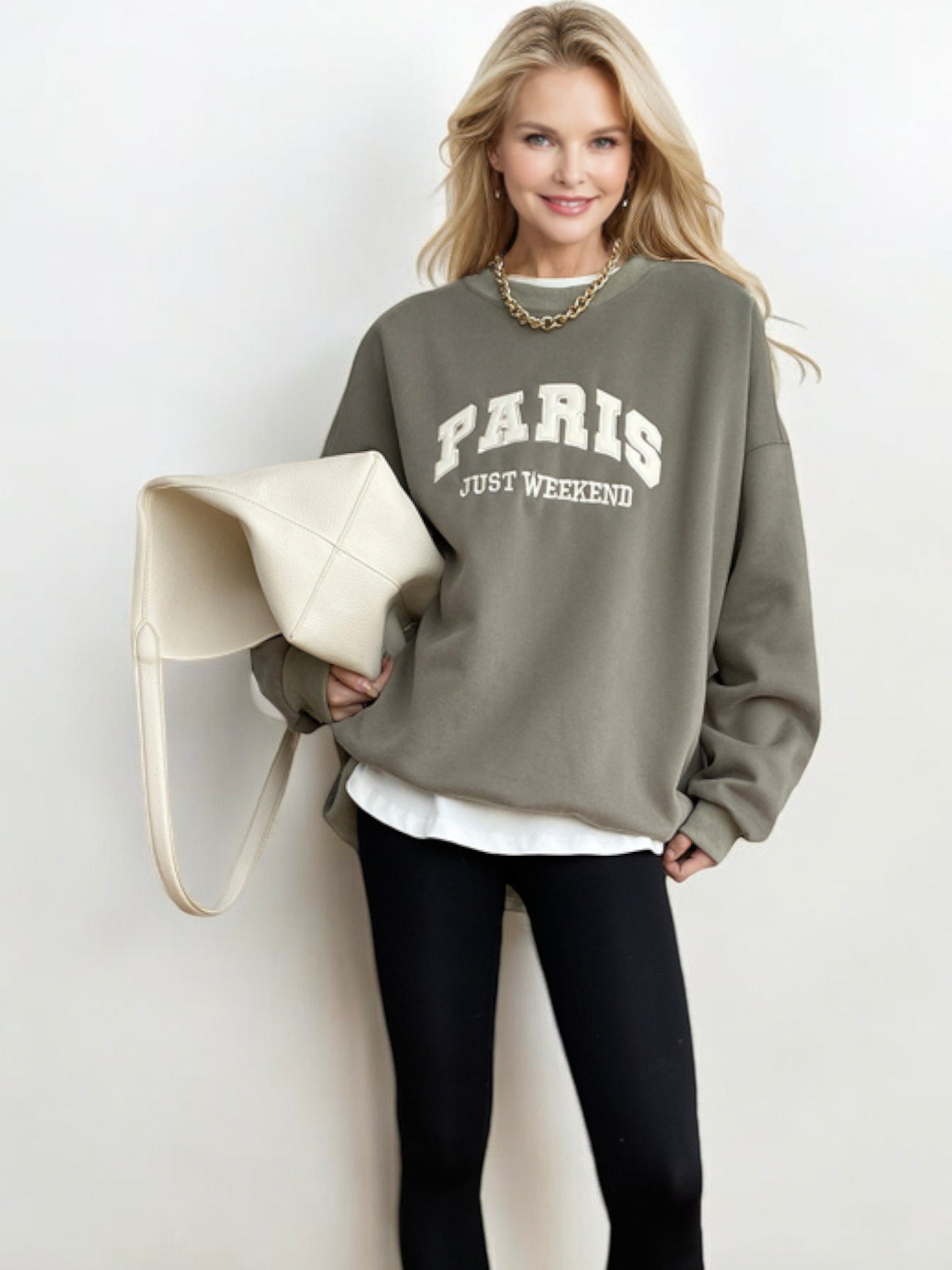 Oversized "Paris Just Weekend" Graphic Sweatshirt with Ribbed Cuffs