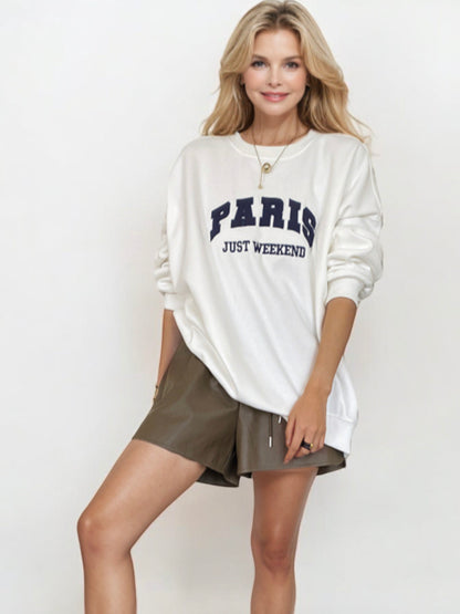 Oversized "Paris Just Weekend" Graphic Sweatshirt with Ribbed Cuffs