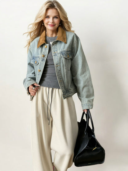 Denim Jacket with Contrast Suede Collar and Button Front