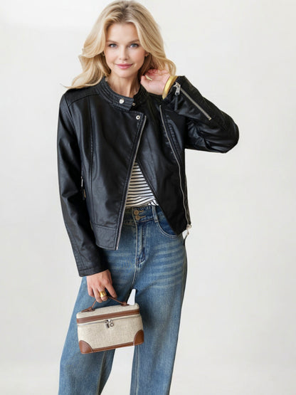 Faux Leather Moto Jacket with Zippered Front and Snap Collar