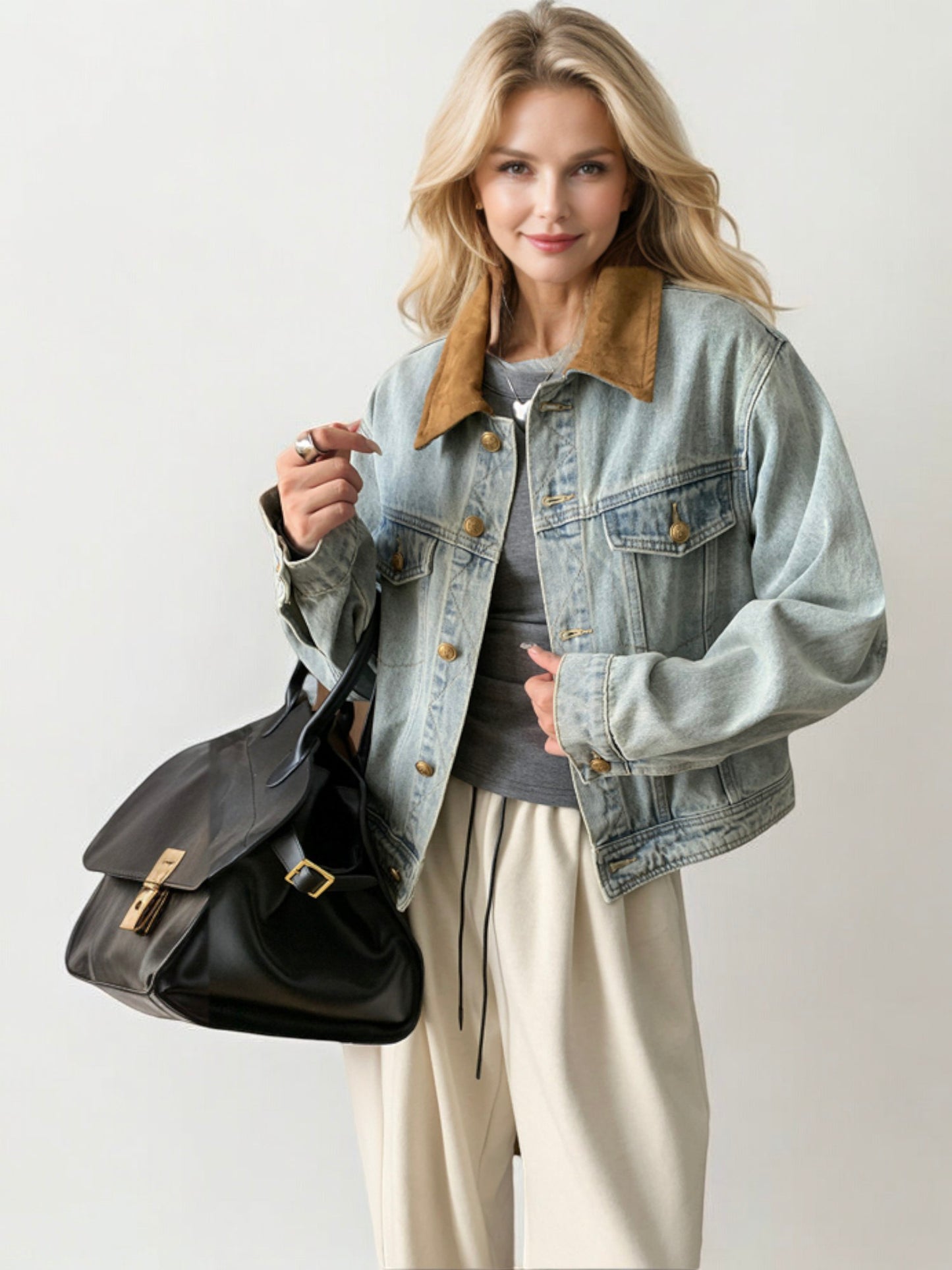 Denim Jacket with Contrast Suede Collar and Button Front