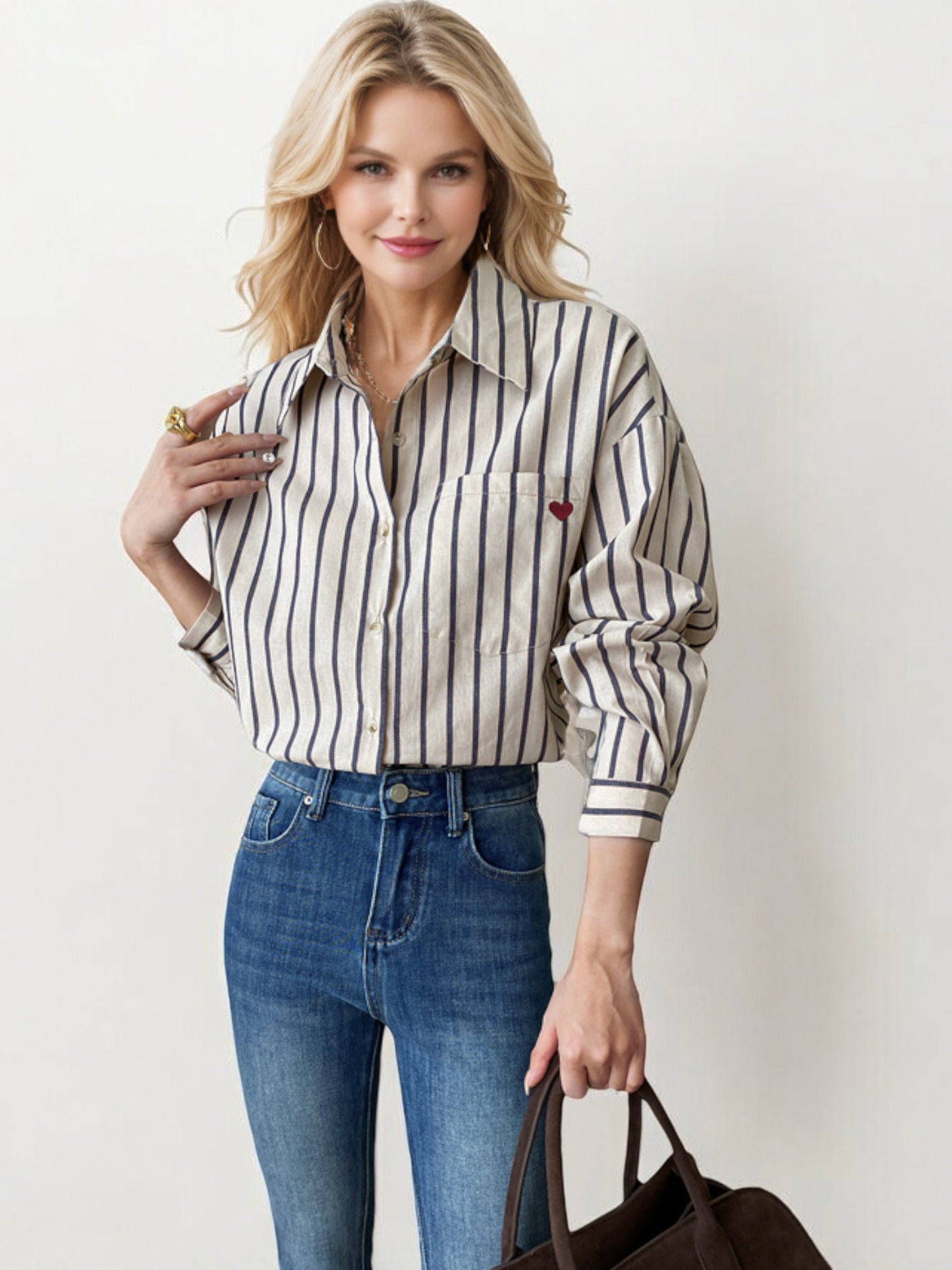 Striped Button-Down Shirt with Cuffed Long Sleeves