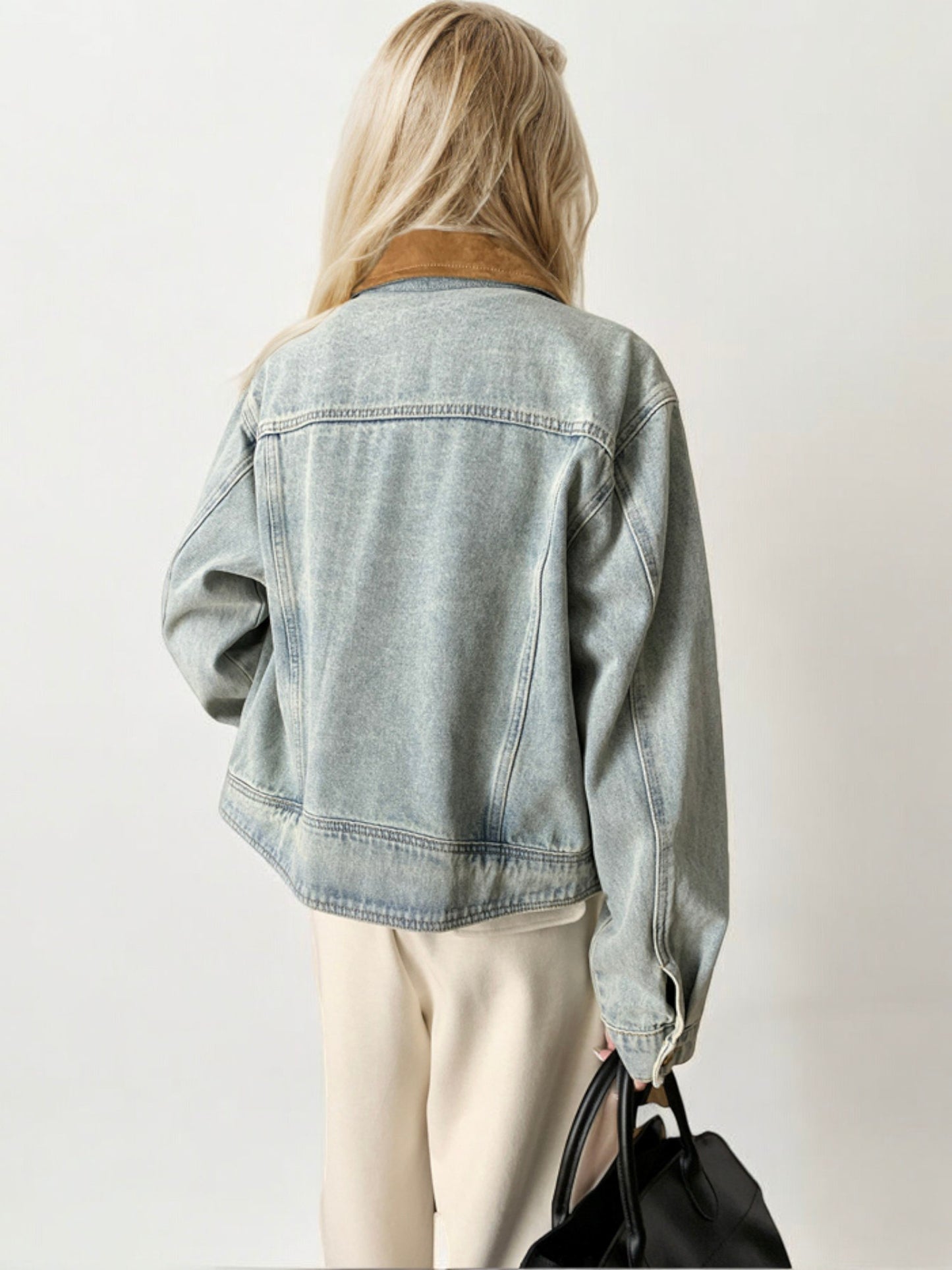 Denim Jacket with Contrast Suede Collar and Button Front