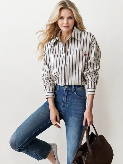 Striped Button-Down Shirt with Cuffed Long Sleeves