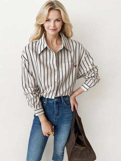 Striped Button-Down Shirt with Cuffed Long Sleeves