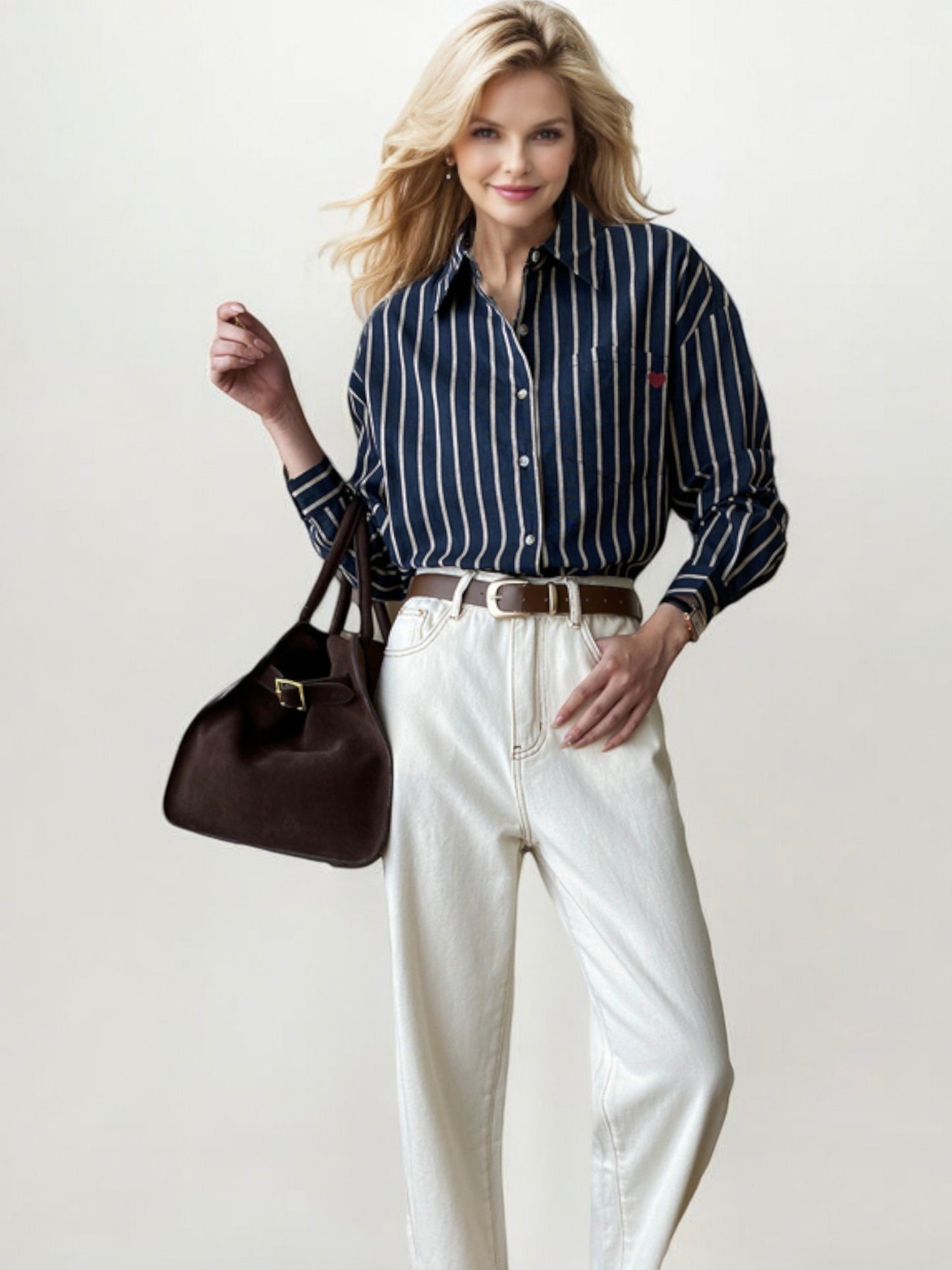 Striped Button-Down Shirt with Cuffed Long Sleeves