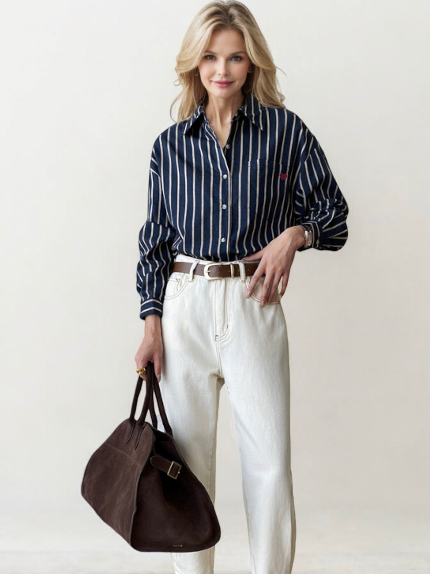 Striped Button-Down Shirt with Cuffed Long Sleeves