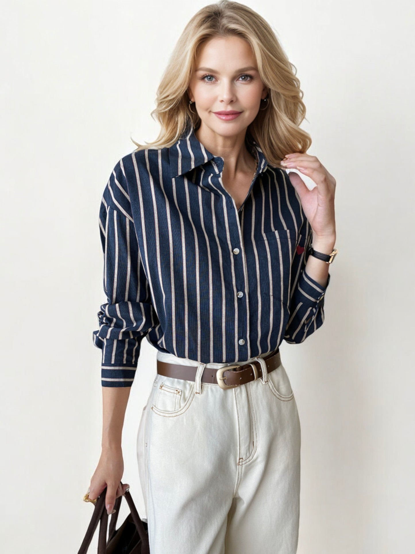 Striped Button-Down Shirt with Cuffed Long Sleeves