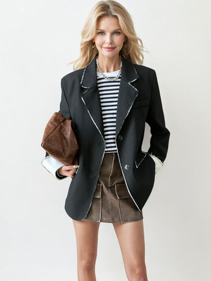 Contrast Trim Blazer with Button Closure and Folded Cuffs