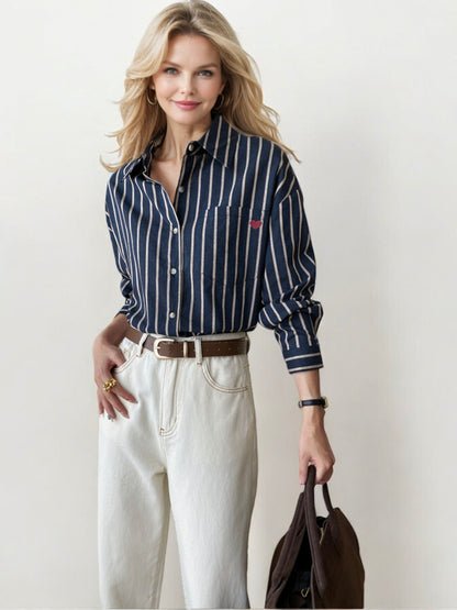 Striped Button-Down Shirt with Cuffed Long Sleeves