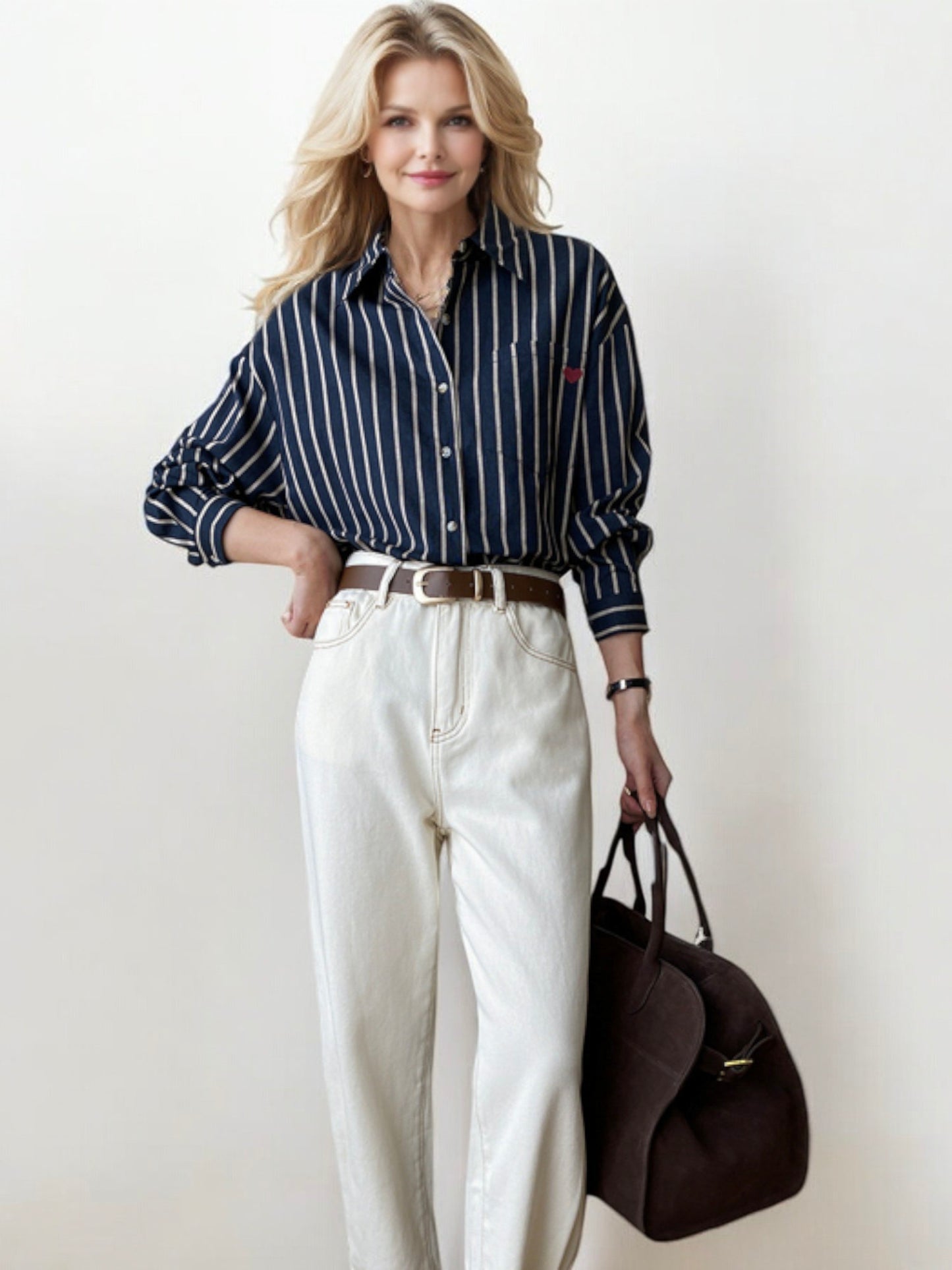 Striped Button-Down Shirt with Cuffed Long Sleeves