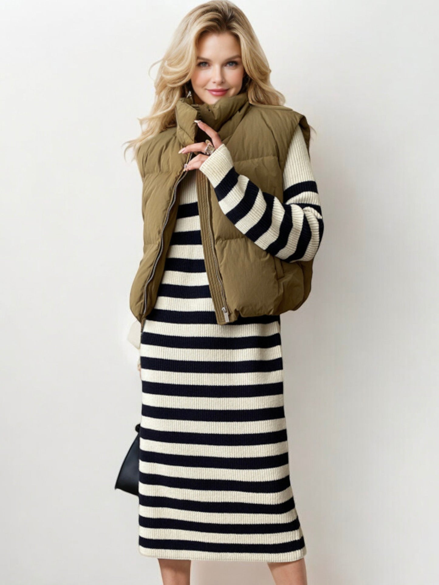 Striped Long Sleeve Sweater Dress with Half-Zip Detail