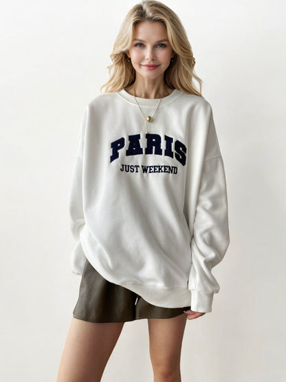 Oversized "Paris Just Weekend" Graphic Sweatshirt with Ribbed Cuffs