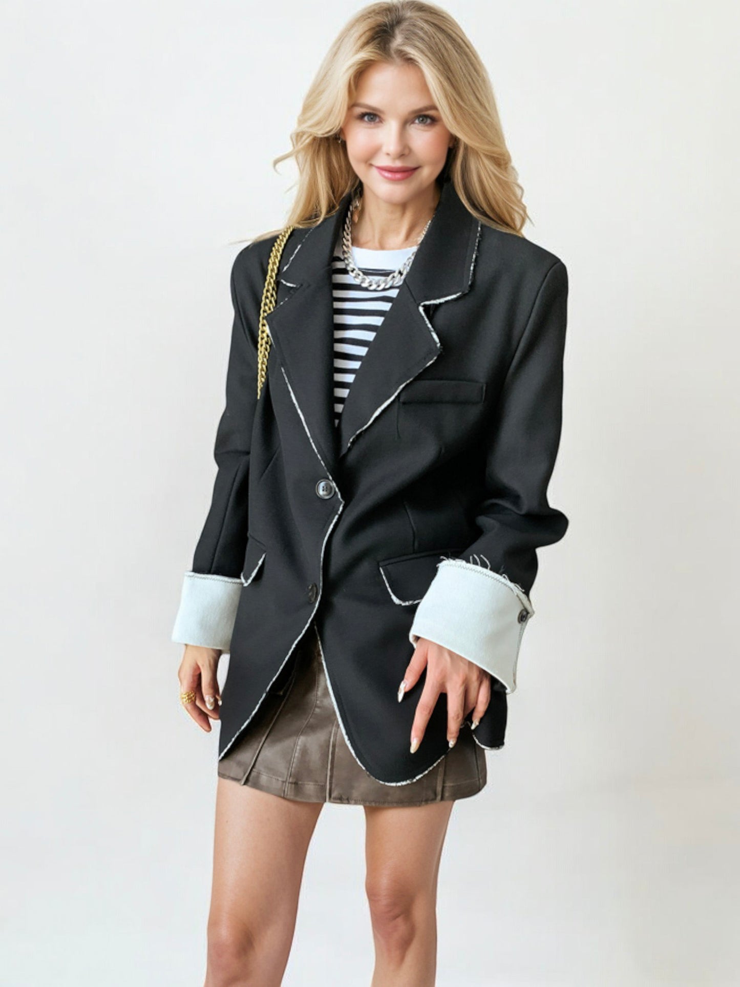 Contrast Trim Blazer with Button Closure and Folded Cuffs