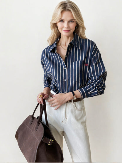 Striped Button-Down Shirt with Cuffed Long Sleeves