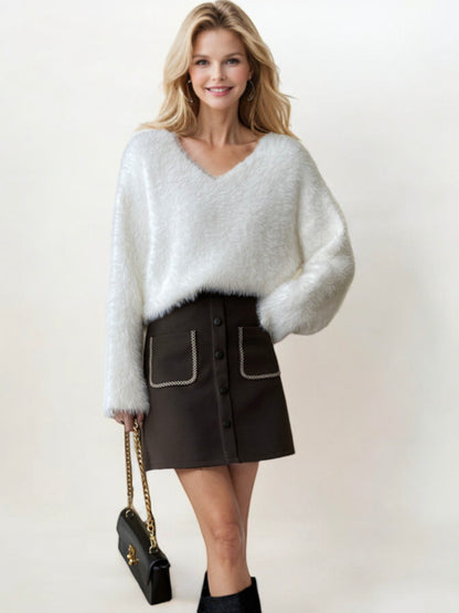 Fluffy V-Neck Sweater with Long Sleeves and Relaxed Fit