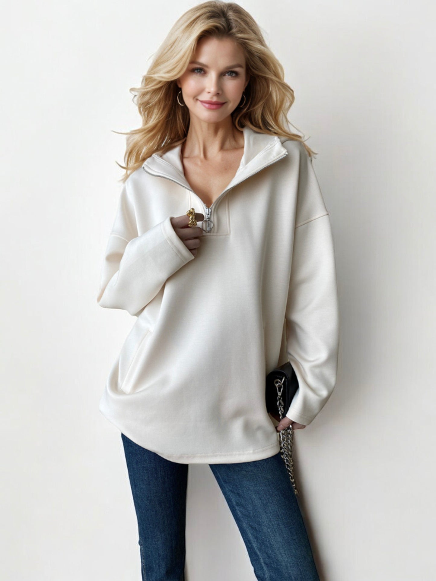 Half-Zip Pullover Sweatshirt with Oversized Fit and Side Pockets