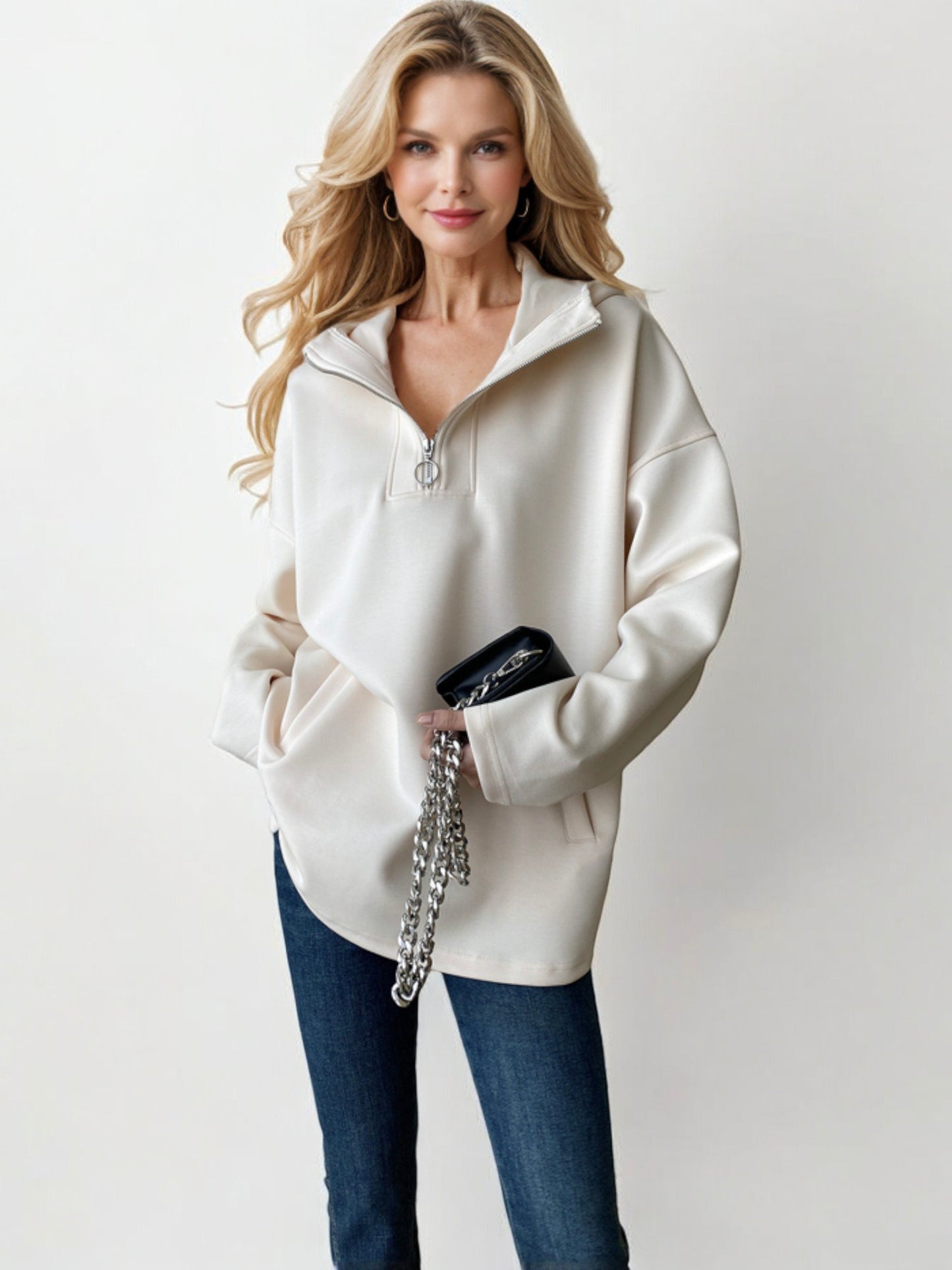 Half-Zip Pullover Sweatshirt with Oversized Fit and Side Pockets