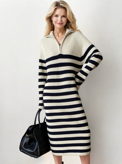 Striped Long Sleeve Sweater Dress with Half-Zip Detail