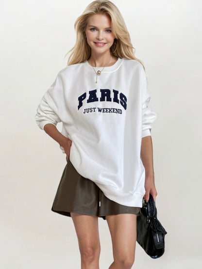 Oversized "Paris Just Weekend" Graphic Sweatshirt with Ribbed Cuffs