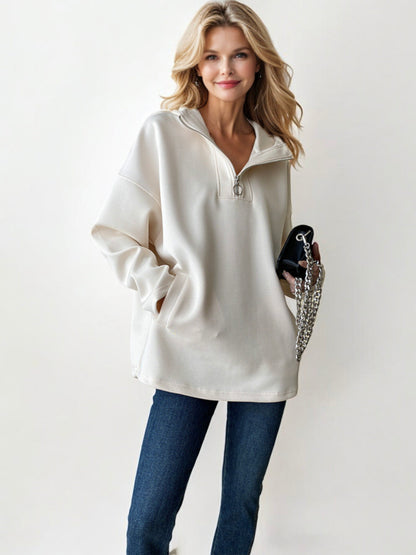 Half-Zip Pullover Sweatshirt with Oversized Fit and Side Pockets