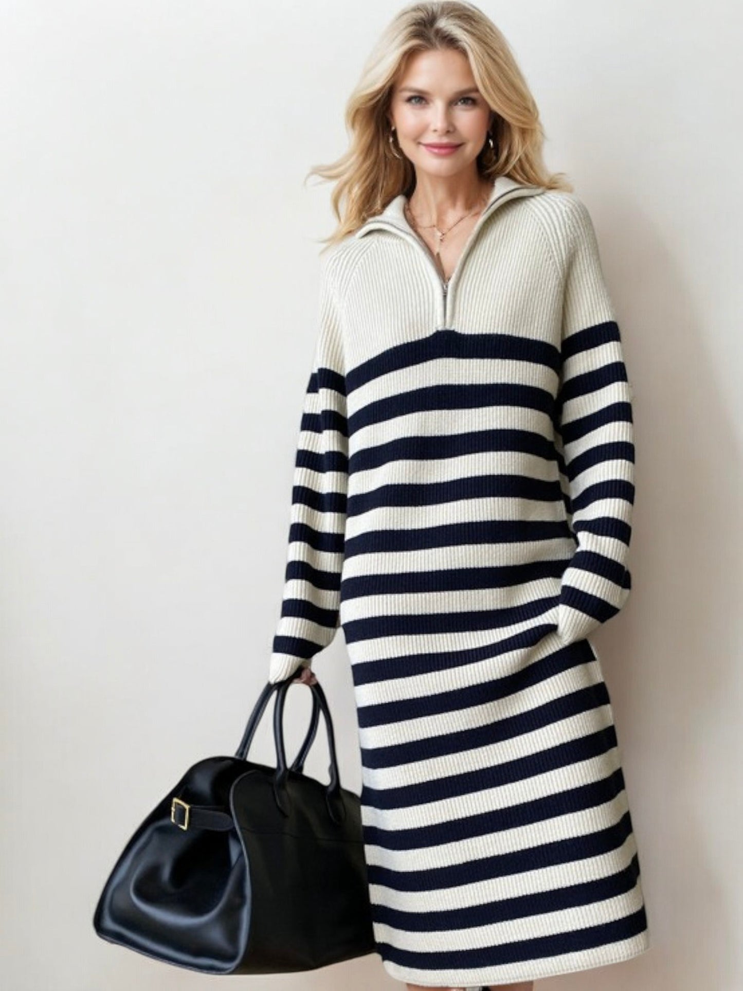 Striped Long Sleeve Sweater Dress with Half-Zip Detail